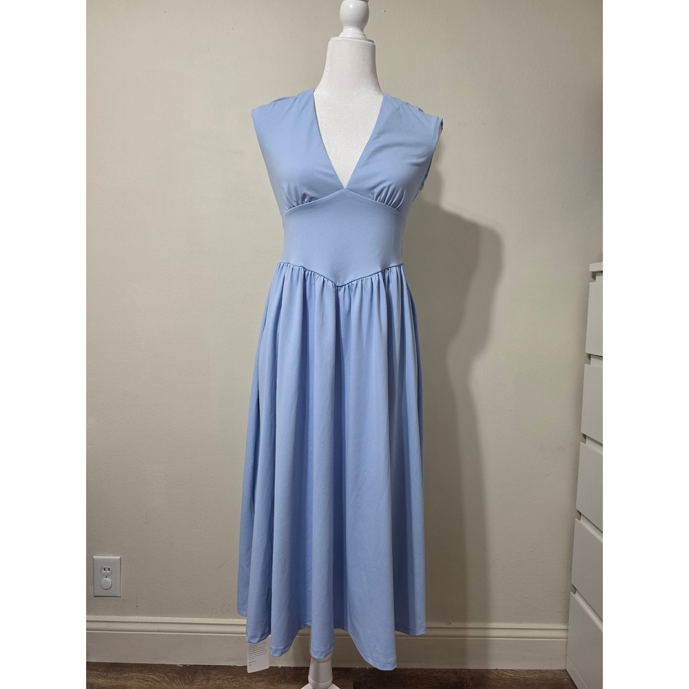 OYS Light Blue V-Neck Midi Dress Lace Up Back Empire Waist Small NWT